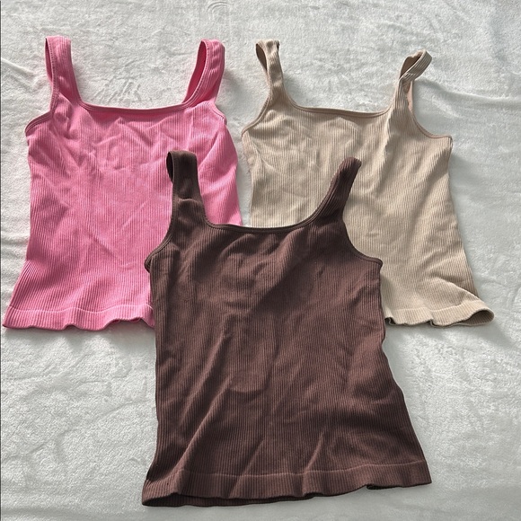 Tops - Women's Ribbed Tank Top Set - Pink, Brown, and Tan